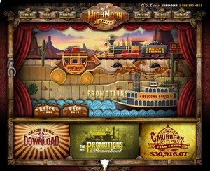 Vintage Wild West-themed game interface with stagecoach and riverboat.