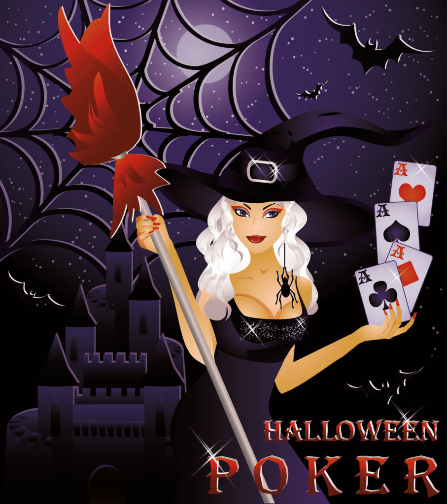 A witch in Halloween attire holding cards and a broom in front of a spooky castle.