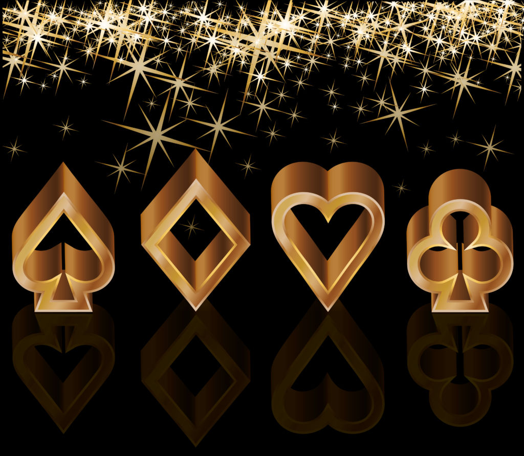 Golden card suit symbols with sparkling stars on black background.