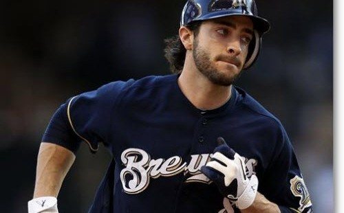 Baseball player in Brewers uniform during a game.