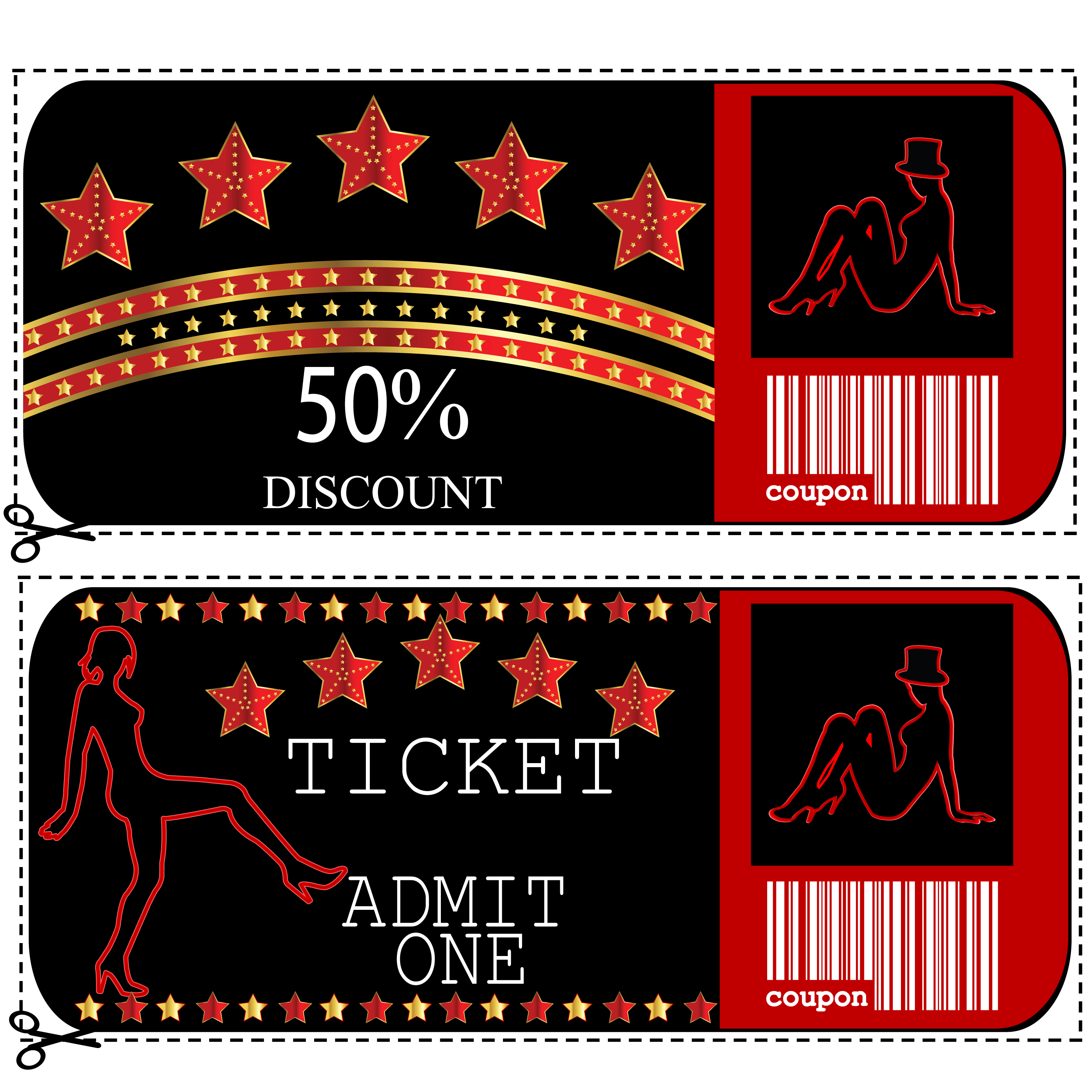 Two red and black discount and admit one tickets with star designs.