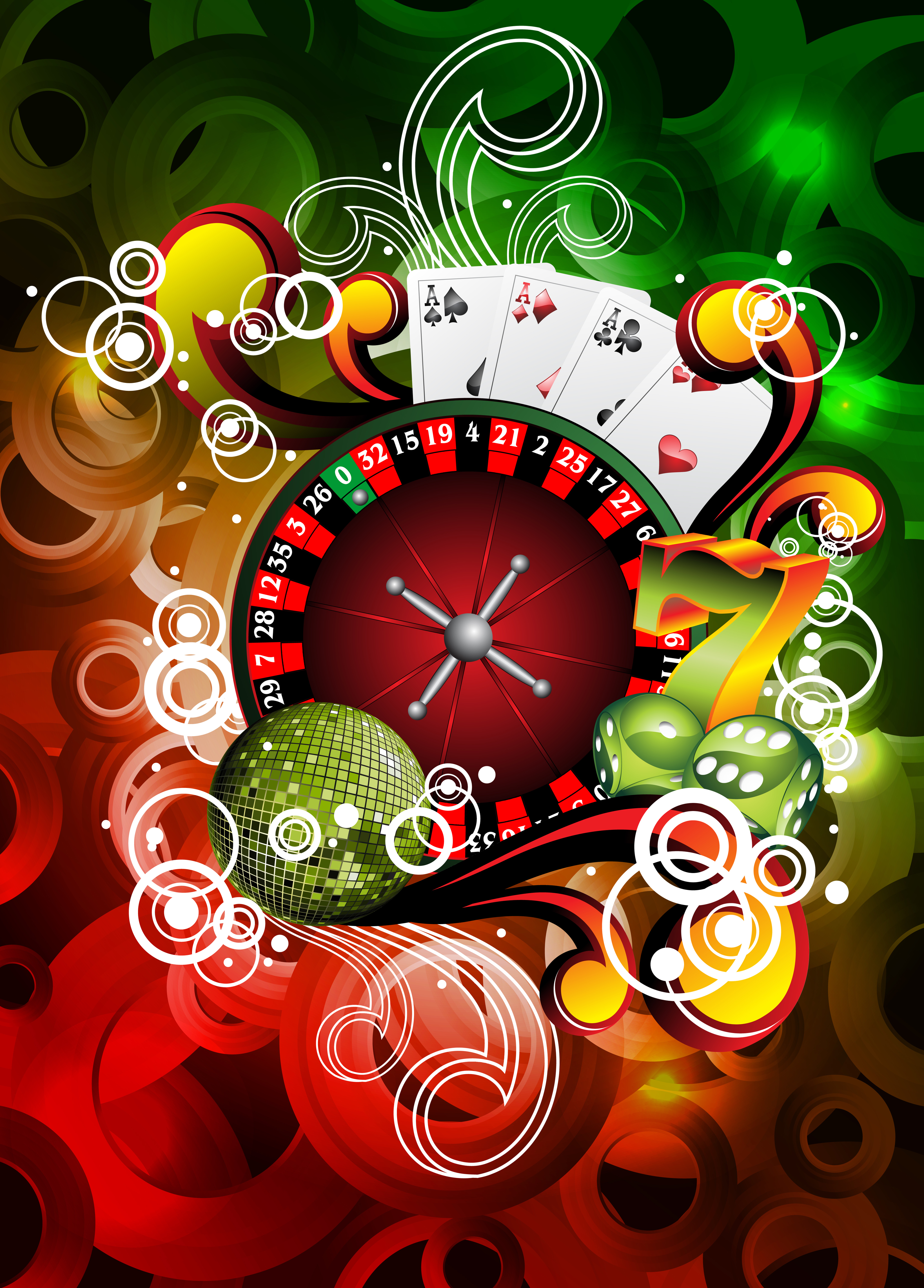 Vibrant casino-themed collage with roulette, cards, dice, and slot machine symbols.