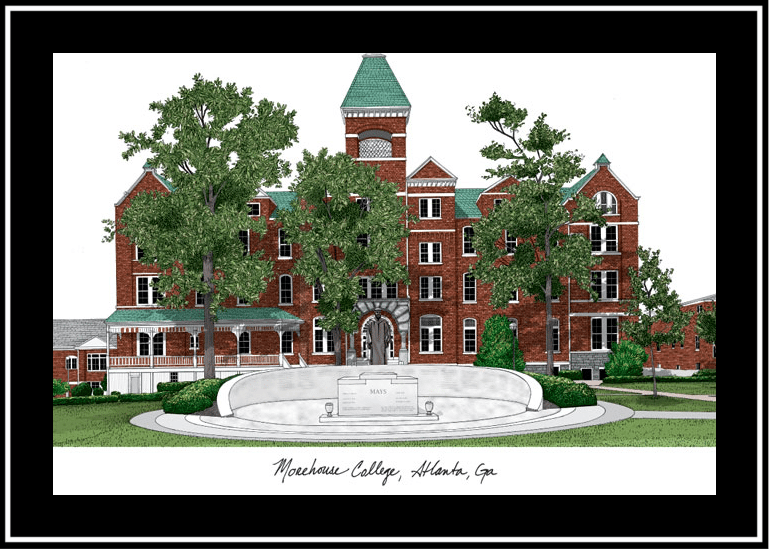 Historic brick building with green rooftops and trees in front.